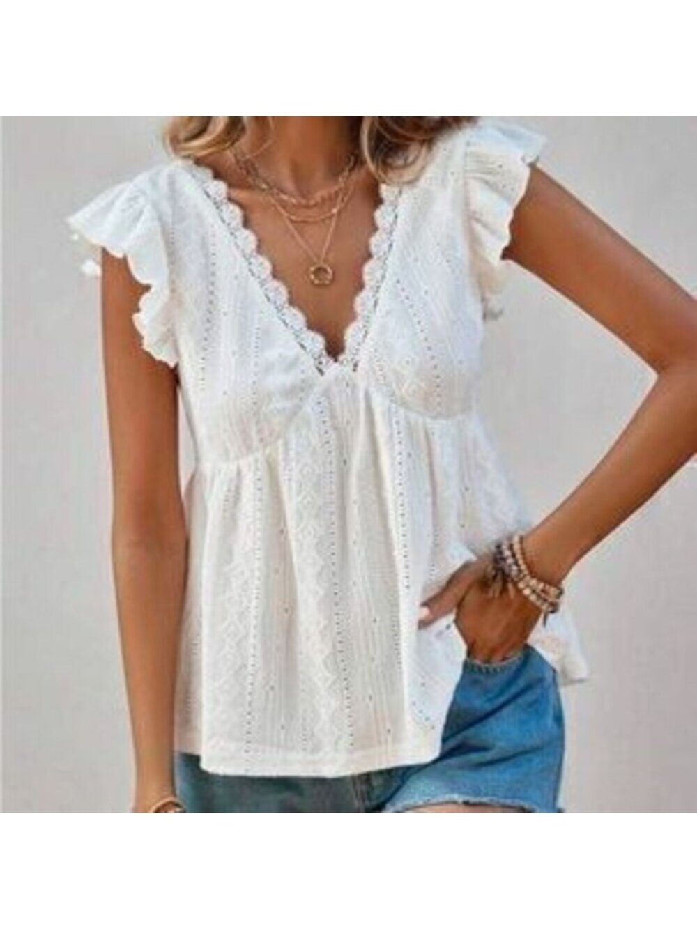 Boho white v neck ruffle babydoll blouse - Picture 3 of 3